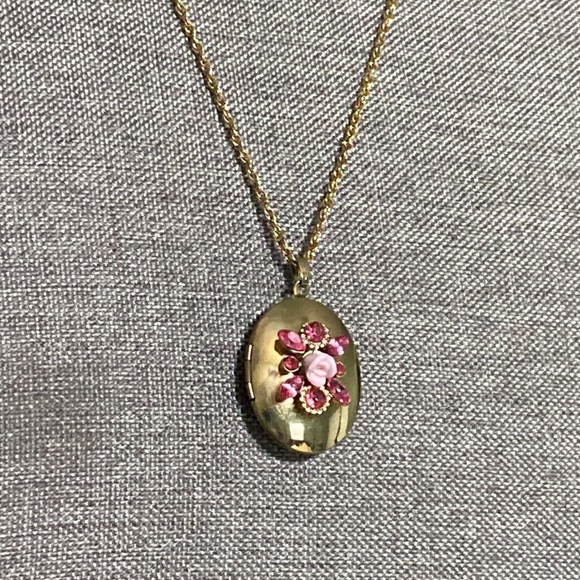 Vintage Ceramic Rose Rhinestone Locket with chain necklace - Picture 2 of 6